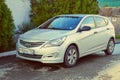 New Silver Hyundai Solaris parked on the streets of Sochi.