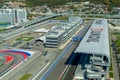 Sochi, Russia - October 2019: Sochi Autodrom - main tribune and race track, garages and administration, aerial view