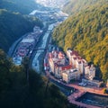 SOCHI, RUSSIA - OCTOBER 11, 2020: Rosa Khutor mountain resort, view of the village from the cable car