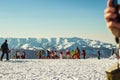 Sochi, Russia People skiing and snowboarding on ski resort Rosa Khutor Royalty Free Stock Photo