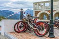 Mountain bicycles rest oudoors on Caucasus mountain peaks background