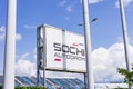 Sochi, Russia - September 07, 2019: Sochi Olympic Park. Banner of Sochi Autodrom and empty tribunes for visitors