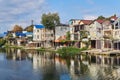 Sochy, Russia - September 14, 2020: the bank of the Dagomys river is built up with small cottages with garages for boats