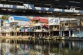 Sochy, Russia - September 14, 2020: the bank of the Dagomys river is built up with small cottages with garages for boats