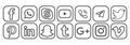 Social media thin line flat black icons design. Facebook WhatsApp skype YouTube Viber telegram twitter Pinterest LinkedIn etc.