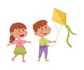 Sociable Kids Flying Kite Together and Having Fun Vector Illustration