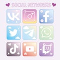 Social networks cute icons set on a pale pink background in pastel colors Royalty Free Stock Photo