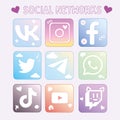 Social networks cute icons set on a pale pink background in pastel colors