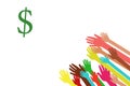 Many hands reach for money. People chase money Royalty Free Stock Photo
