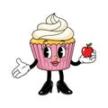 Cute Cupcake Mascot Holding an Apple Cartoon Vector Illustration Royalty Free Stock Photo