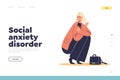 Social anxiety disorder concept of landing page with scared young woman suffering from phobia
