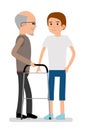 Social assistance. A young man helps an elderly man.