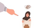 Social bullying. Finger pointing on sad arab girl. Depressed teenager in hijab sitting on floor and crying. Violence in