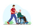 Social care for the elderly. Young volunteer help senior man in weelchair