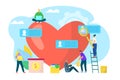 Social charity support near huge heart, care about people vector illustration. Volunteer help by donation service, aid Royalty Free Stock Photo