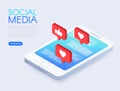 Social chat concept with isometric phone and likes. Isometric phone with push notifications. Social media design. Screen