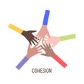 Social cohesion. Hands of people of different nationalities. Flat vector