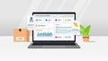 Social commerce dashboard illustration concept. E commerce data visualization on laptop. Vector illustration with white gray