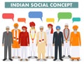 Social concept. Group indian senior people and speech bubbles standing together in different traditional national