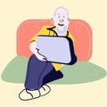 Social concept - old people using computer. an elderly person works or studies at a laptop. vector illustration isolated Royalty Free Stock Photo