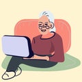 Social concept - old people using computer. an elderly person works or studies at a laptop. vector illustration isolated Royalty Free Stock Photo