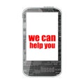 Social concept. text we can help you . Detailed modern smart phone isolated on white Royalty Free Stock Photo