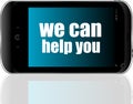 Social concept. text we can help you . Detailed modern smart phone Royalty Free Stock Photo