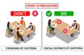 Social distance at Cafeteria for covid 19 disease. Poster for cafeteria table to protect people from corona virus during eating.