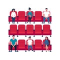 Social distance in the cinema. People keep their distance, sit through one chair, safe. Girls and men watch a movie, eat