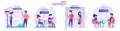 Social distance concept scenes set. Men and women keep safe distance in public places, preventing coronavirus. Collection of