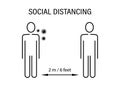 Social distance for coronavirus prevention. Two abstract characters stand at valid spacing marked with black arrow pandemic