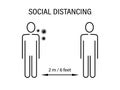 Social distance for coronavirus prevention. Two abstract characters stand at valid spacing marked with black arrow