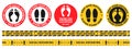 Social distance floor stickers. Round wait here warning signs with foot and shoe prints. Keep safe distancing tape