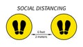 Social distance footprints. Black soles in yellow circle with detailed spacing arrow markings coronavirus pandemic