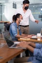 Social distance office with business team wear face mask as new normal life Royalty Free Stock Photo