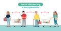 Social distance in supermarket, people in line with shopping carts. Coronavirus prevention measures. Vector illustration