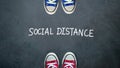 Social distance. two people keep spaced between each other for social distancing, increasing the physical space between people