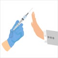 Refusal vaccination concept with sign hand stop, syringe icon, concept stop vaccination, injection.