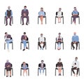 Social distancing of adults and children sitting on chairs and waiting in the queue