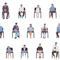 Social distancing of adults and children sitting on chairs and waiting in the queue seamless pattern