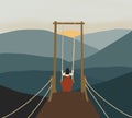 Social distancing concept.Back view of lonely girl traveler in red dress is sitting on the swing above misty mountain sunrise and Royalty Free Stock Photo