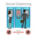 Social distancing, coronavirus prevention, distance 2 meters. Cartoon business people uses ATM cash machine Royalty Free Stock Photo