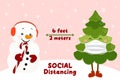 Social Distancing 6 feet away with Snowman with candy cane and Christmas Tree with face mask Royalty Free Stock Photo