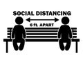 Social Distancing 6ft. Apart Stick Figure on Bench. Illustration arrow depicting social distancing guidelines and rules during