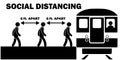 Social Distancing 6ft feet Apart When Boarding Train at Platform Station Stick Figure Line Queue. Black and White Vector File