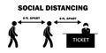 Social Distancing 6ft feet Apart Stick Figure at Ticket Counter Line Queue with Mask. Black and White Vector File