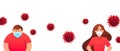 Social distancing infographic. Man or woman and coronavirus cell attack with arrow distance between on a white background