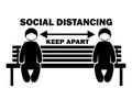 Social Distancing Keep Apart Stick Figure with Mask on Bench. Illustration arrow depicting social distancing guidelines and rules