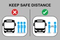 Social distancing with many people on queue line in bus station. Passenger waiting bus stop. City community transport vector