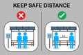 Social distancing with many people on queue line in bus station. Passenger waiting bus stop. City community transport vector